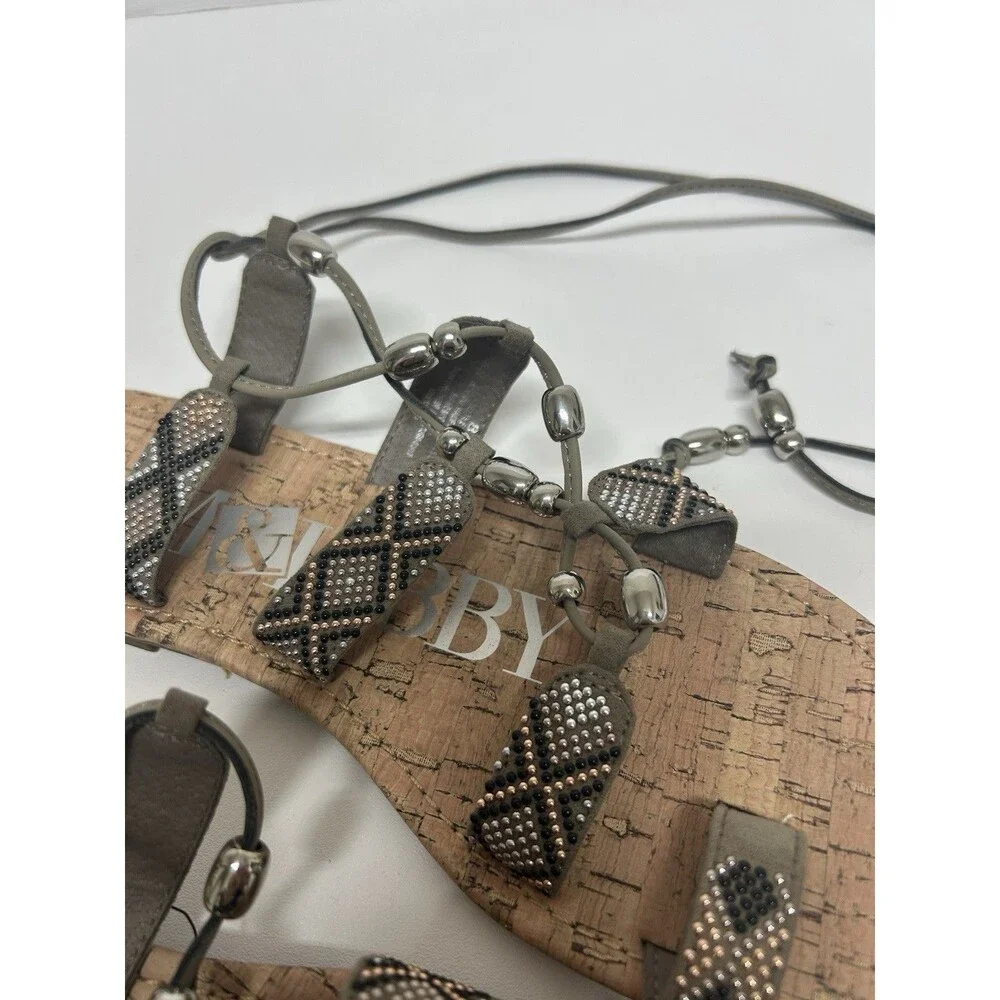 Sam & Libby Sandals Metallic Beaded Lace Up Gladiator Flats 8 Boho Western Festi